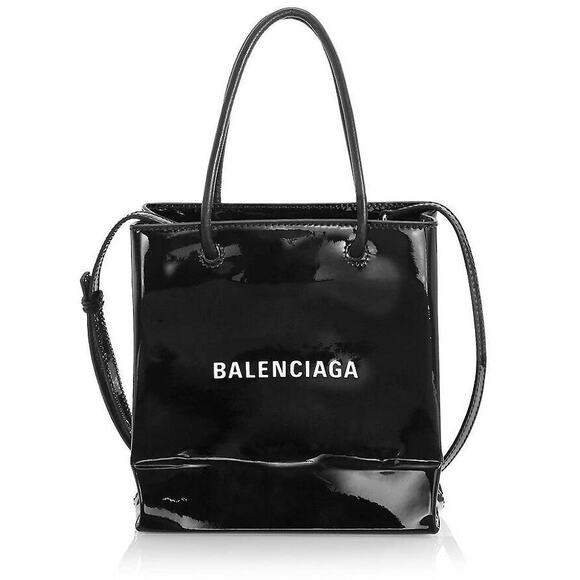 Balenciaga Black Patent Leather XXS Shopping Tote Crossbody Bag New - Picture 2 of 14